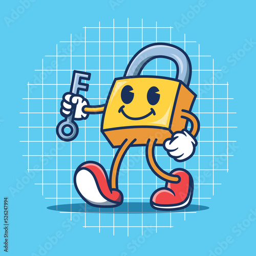 Illustration of a padlock character holding a key in retro style.