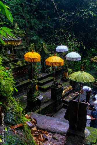 Balinese temple, green, yellow and white  tendungs umbrellas and green vegetation