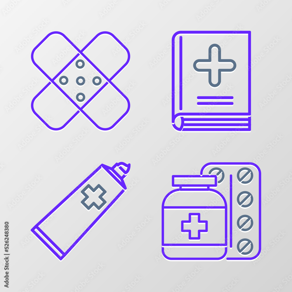 Obraz premium Set line Medicine bottle and pills, Ointment cream tube medicine, Medical book and Crossed bandage plaster icon. Vector