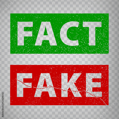 Fact and Fake grunge rubber stamp isolated on transparent  background.  True or fiction with check mark and cross.  Green Fact and Red Fake stamps.  EPS10.  