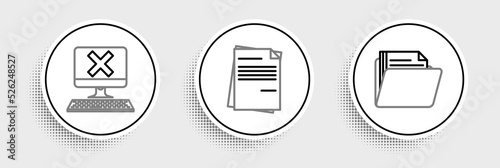 Set line Document folder, Computer with keyboard and x mark and File document icon. Vector