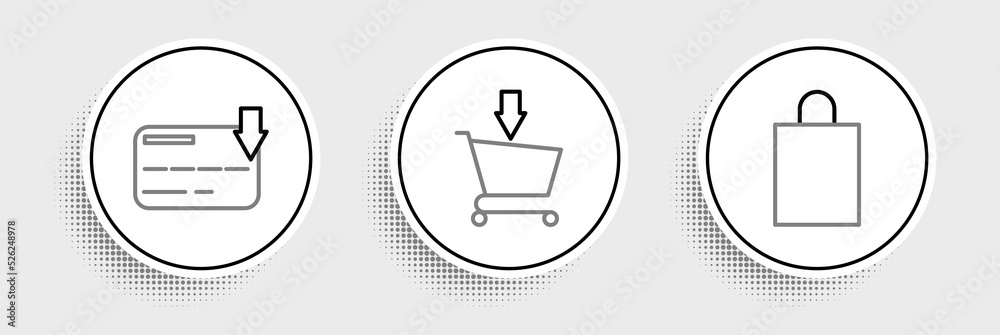 Set line Paper shopping bag, Credit card and Add to Shopping cart icon. Vector Set line Paper shopping bag, Credit card and Add to Shopping cart icon. Vector