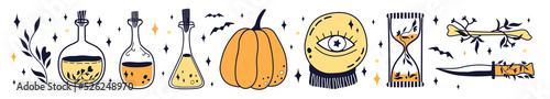 Witchcraft and Magic Illustrations. Set of magic items: love potion, sand clock, magic ball, pumpkin, knife, and bone. Halloween wizardry.