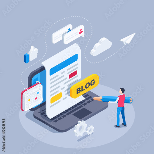 isometric vector illustration on a gray background, a man with a pencil stands near a laptop with typed text and a blog button, like and text message icons, blogging on the internet