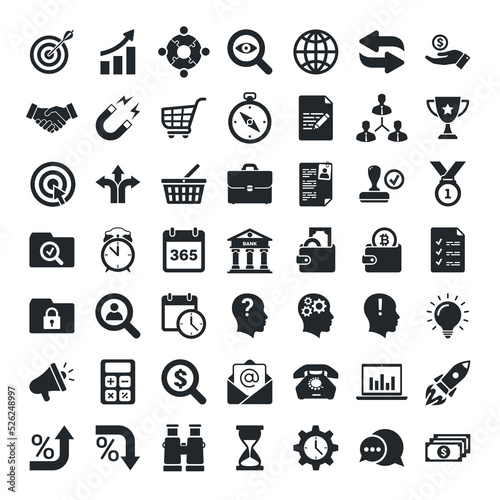 flat vector illustration isolated on white background, set of 49 business icons, finance and business signs