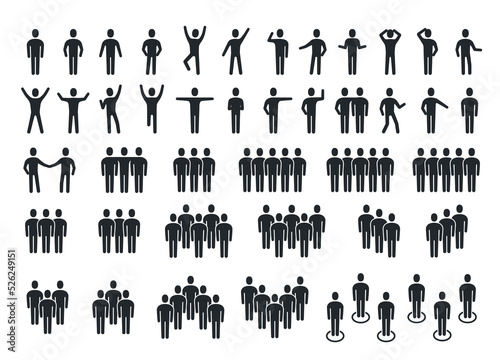flat vector illustration isolated on white background, black color man icons set, business man silhouette in different poses