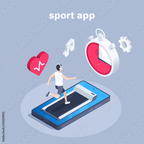 isometric vector illustration on a black background, a man in headphones runs on a treadmill on a smartphone screen, a sports app