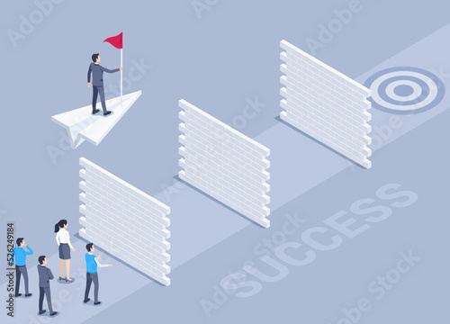 isometric vector illustration on a gray background, a man in a business suit with a flag on a paper plane flies over the brick walls blocking the path to the goal, achieving success
