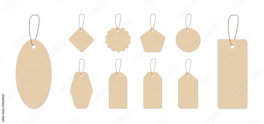 Blank paper price tags. Set of labels in various shapes. Collection realistic labels for special offer or shopping discount. Sale tags. Vector illustration.