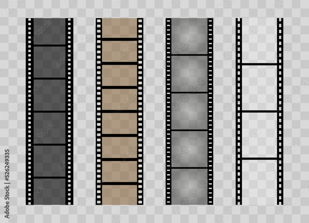 Film strip set. Cinema blank frame collection. Filmstrip retro template. Vector illustration.