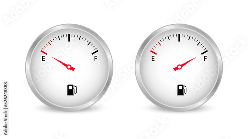 Fuel gauge. Full and empty tank of fuel. Fuel indicators. Car dashboard. Vector illustration.