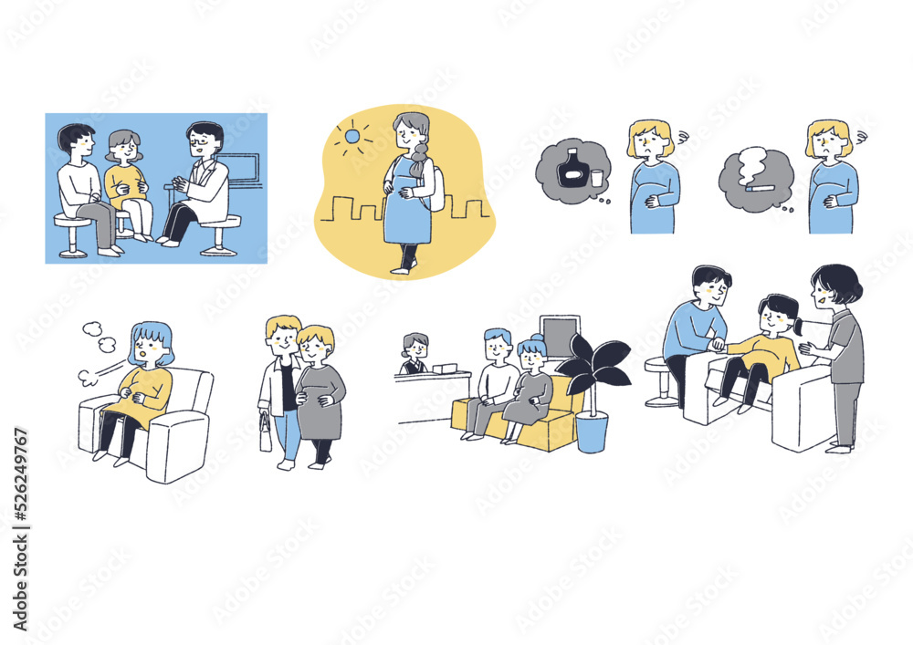 出産の準備をする女性達のイラストセット　コミカルな手書きの人物　ベクター、温かみのある線画