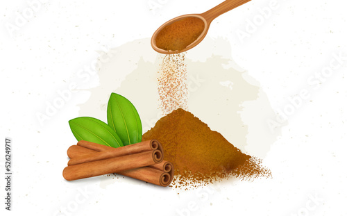 Cinnamon Sticks with cinnamon powder and green leaves vector illustration