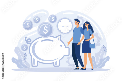 Families with children save money. Piggy bank with family money making concept.