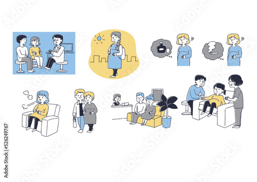 出産の準備をする女性達のイラストセット　コミカルな手書きの人物　ベクター、温かみのある線画