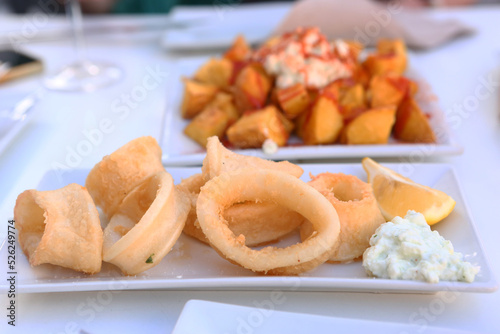 squid rings, lemon juice and potato with garlic sauce aioli and tomato ketchup on square plate