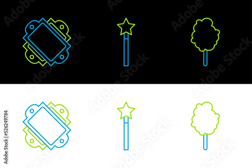 Set line Cotton candy, Ticket and Magic wand icon. Vector