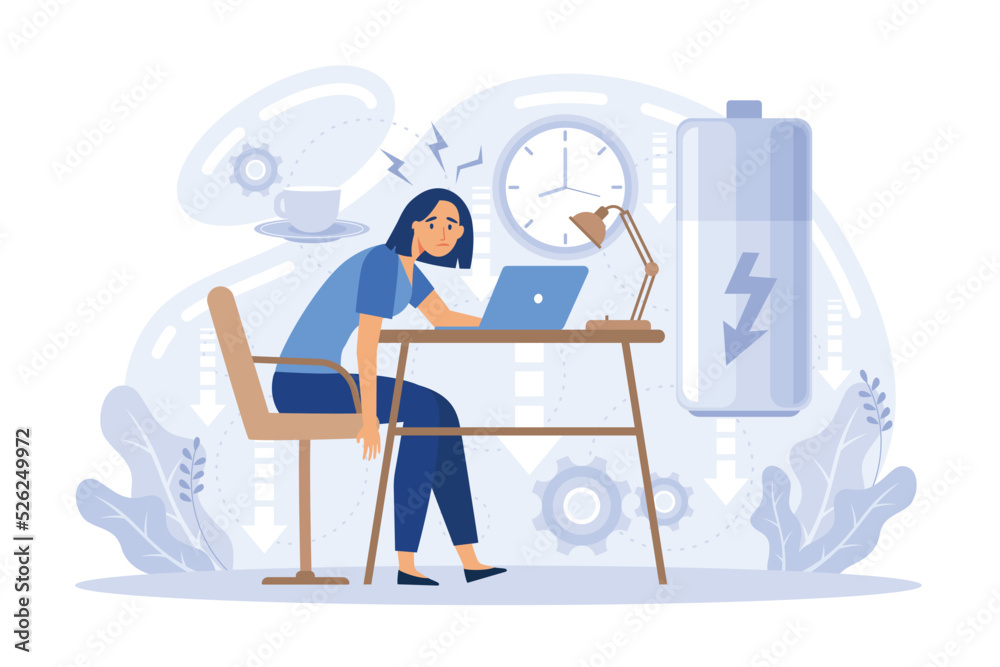 Professional burnout. Young exhausted female manager sitting at the office. Long working day. Millennials at work. Professional burnout. Young exhausted female manager sitting at the office. Long working day. Millennials at work.