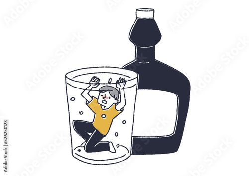 コップに注がれたお酒に溺れる男性　大きなお酒の瓶とその奴隷のアルコール中毒患者