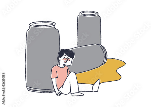 ビール缶に寄りかかる男性　大きなお酒の瓶とその奴隷のアルコール中毒患者