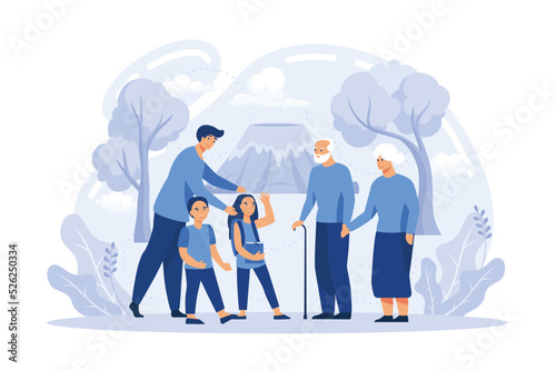 Happy big family standing together flat vector illustration. Grandma, grandpa, mom, dad, children, and pet. flat vector modern illustration