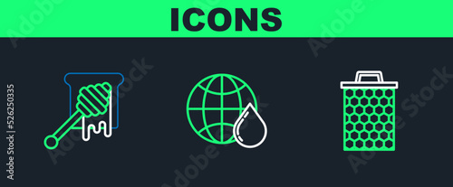 Set line Honeycomb, dipper stick with dripping honey and map of the world icon. Vector