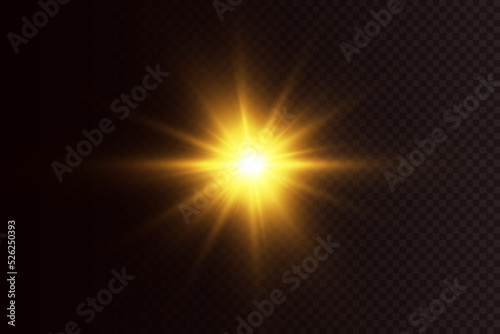 Light effect. Golden bright star, yellow sun. Starlight.