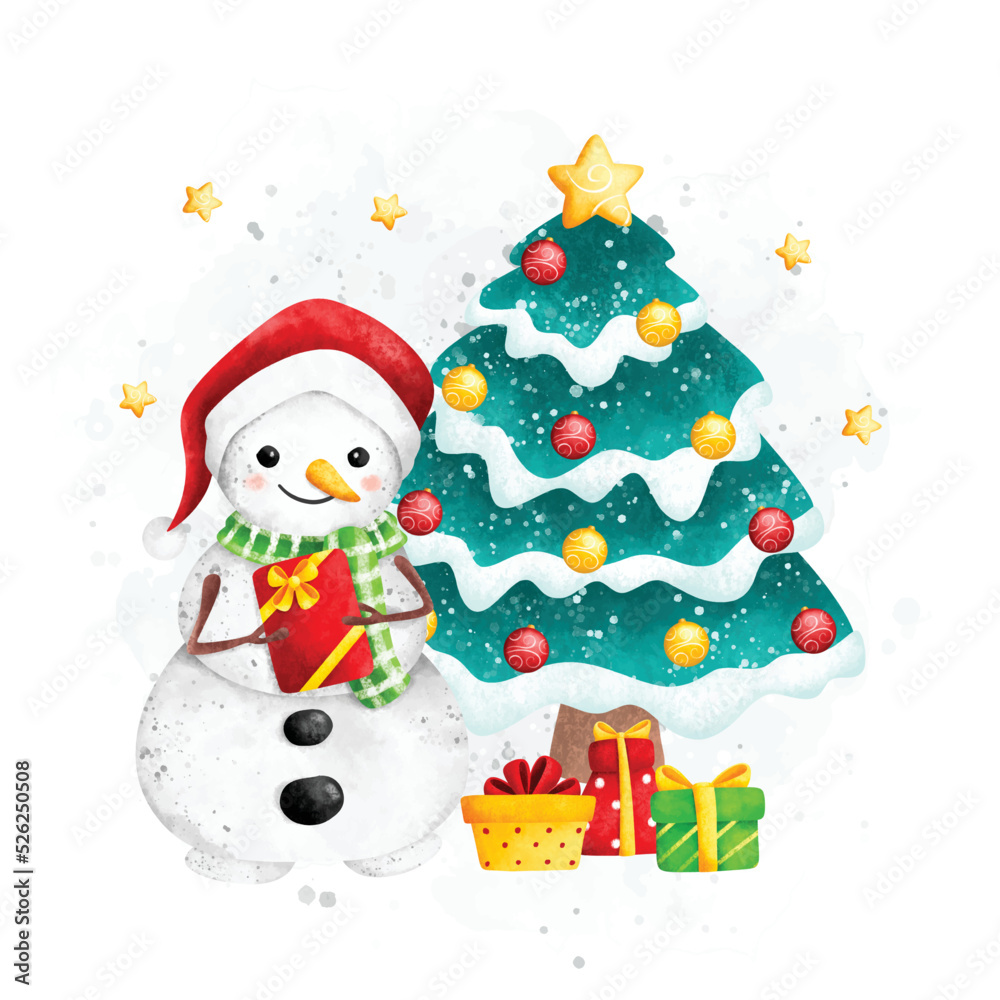 Watercolor Illustration Snowman and Christmas tree with and Christmas ornaments