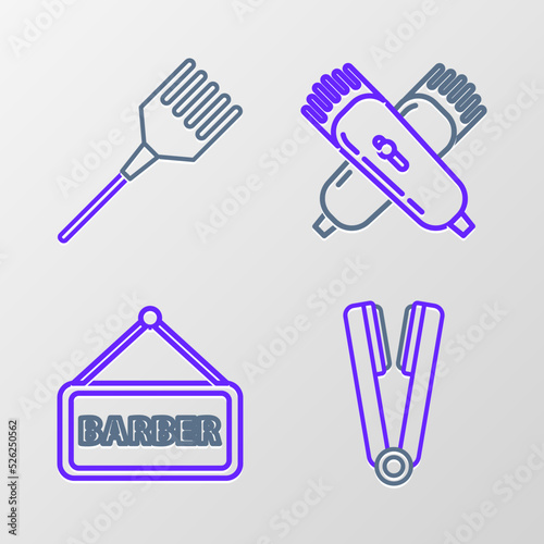 Set line Curling iron for hair, Barbershop, Crossed electrical clipper shaver and Hairbrush icon. Vector