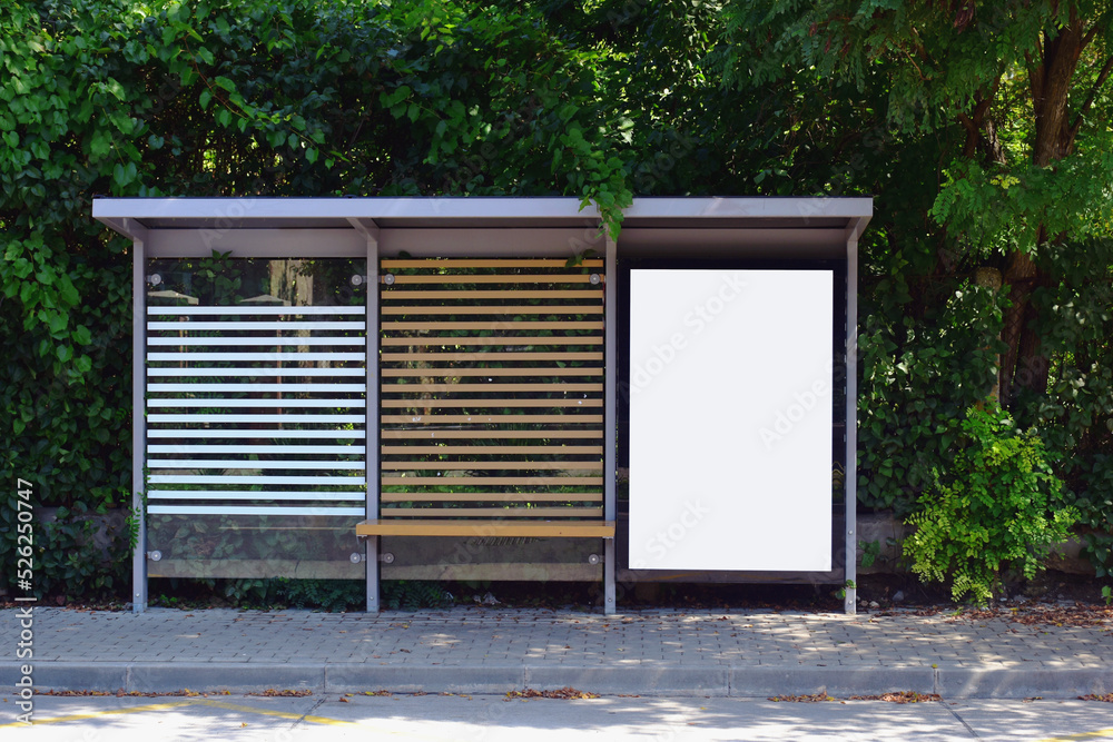 bus shelter at a bus stop. image collage. blank white glass and metal