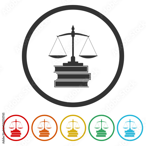  Justice scales and books icon. Set icons in color circle buttons