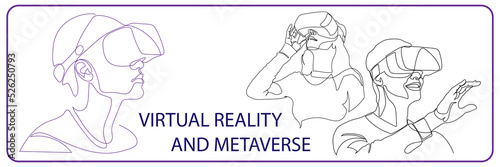Continuous one line drawing Man or woman in glasses device virtual reality or VR set. Metaverse with cyberpunk theme