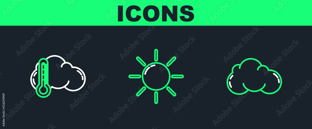 Set line Cloud, Thermometer and cloud and Sun icon. Vector Set line Cloud, Thermometer and cloud and Sun icon. Vector
