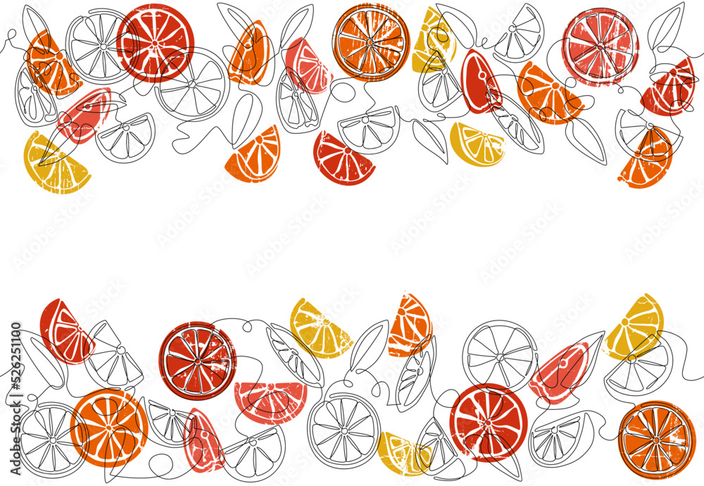 Top and bottom patterns with citrus. Background with pieces of oranges, grapefruits. Vector frame. Top and bottom patterns with citrus. Background with pieces of oranges, grapefruits. Vector frame.
