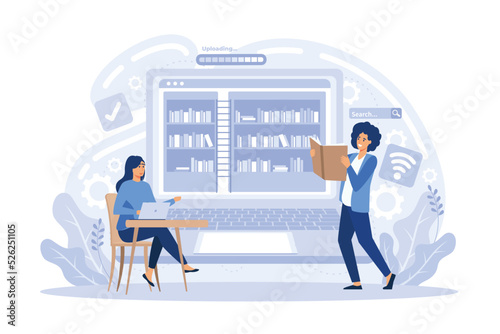 online education and E-learning at home with online video training concept. people use computer for online reading and online library. flat vector modern illustration