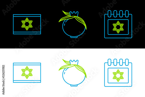 Set line Jewish calendar with star of david, Flag Israel and Pomegranate icon. Vector