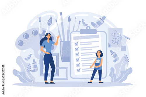 School year School supplies, after school activities, celebration party, kids stationery, debate team, student newspaper, backpack flat vector modern illustration