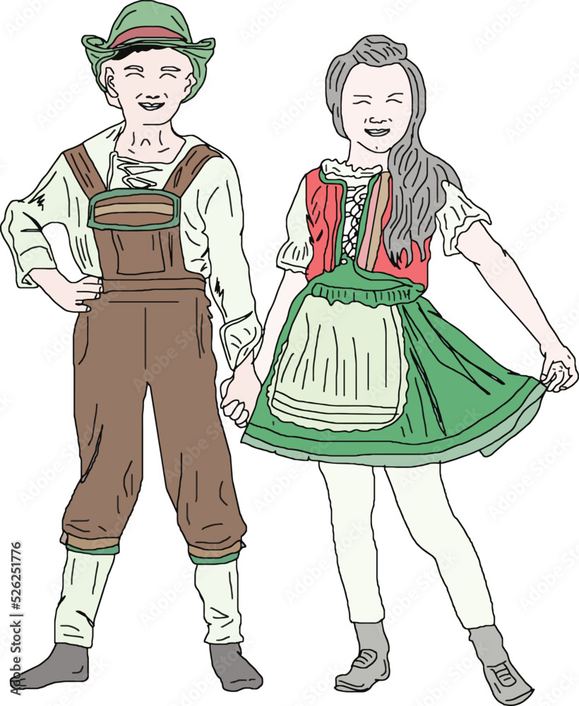 germany traditional dress vector, Kid boy and girl in different traditional costumes Wales, Netherlands, Germany, Scotland, sketch drawing of germany cultural costume