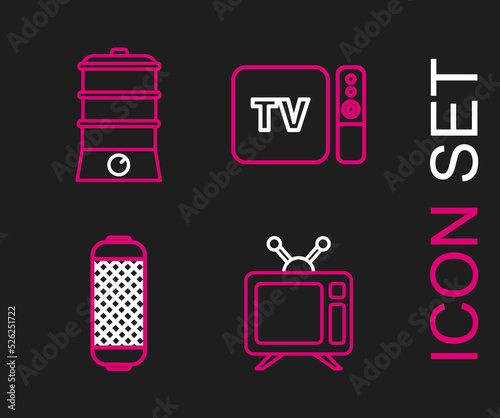 Set line Television, Stereo speaker, TV box receiver and player with remote controller and Double boiler icon. Vector