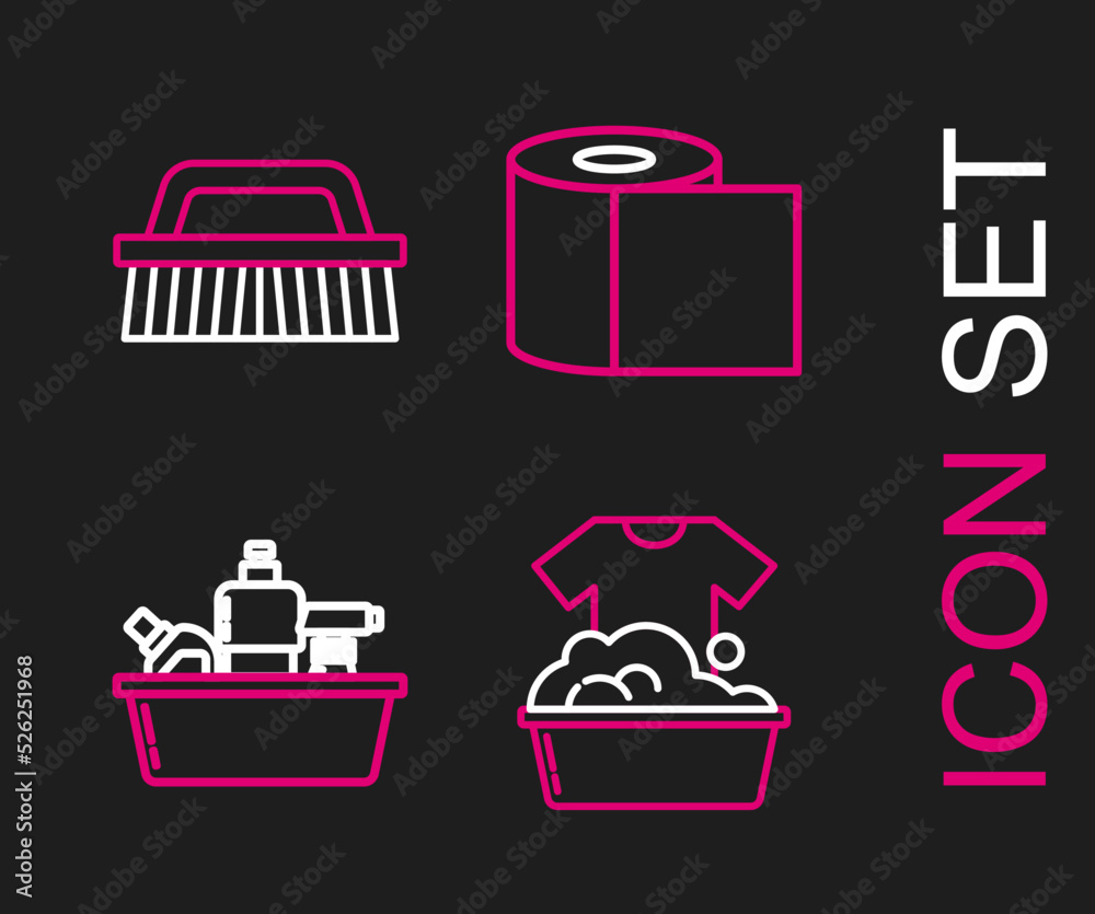 Set line Plastic basin with soap suds, bottles for liquid dishwashing liquid, Toilet paper roll and Brush cleaning icon. Vector Set line Plastic basin with soap suds, bottles for liquid dishwashing liquid, Toilet paper roll and Brush cleaning icon. Vector