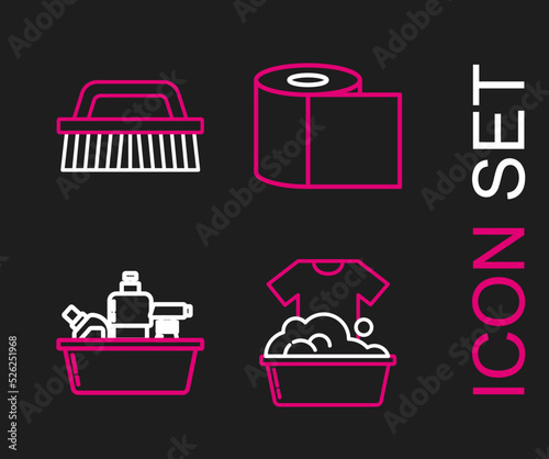 Set line Plastic basin with soap suds, bottles for liquid dishwashing liquid, Toilet paper roll and Brush cleaning icon. Vector