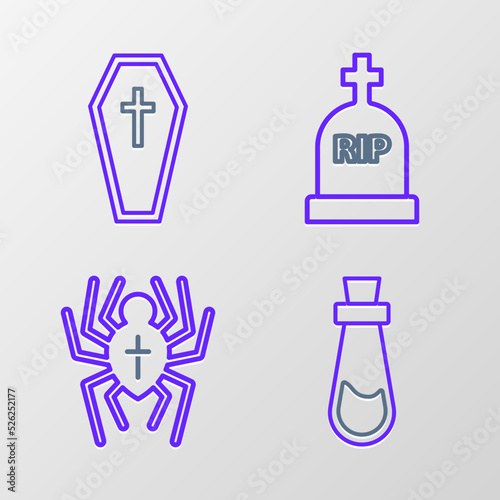 Set line Bottle with potion  Spider  Tombstone RIP and Coffin christian cross icon. Vector