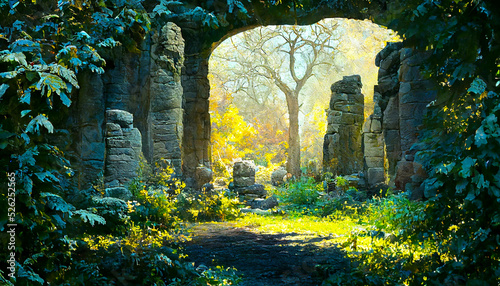 3D render ruins of a simple old stone gate  Beautiful mood lighting wallpaper