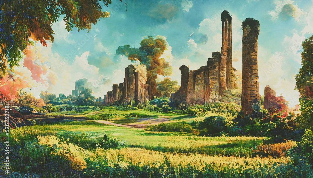 3D render digital painting of a fallen city crumbled ruins.