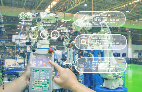 Smart industry robot arms for digital factory production technology showing automation.