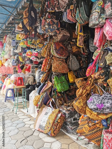 a traditional market that sells batik clothes and bags in Central Java, Indonesia