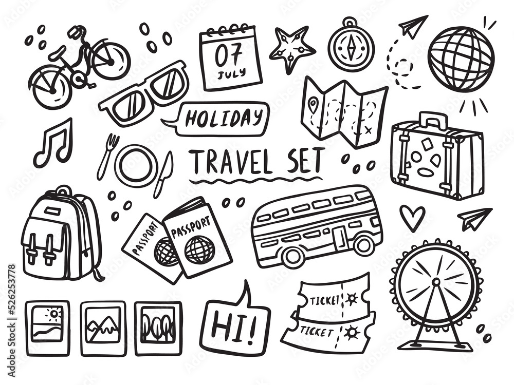 Set travel outline doodle signs. Tourism and summer adventure icons. Clip art travelling elements - obrazy, fototapety, plakaty 