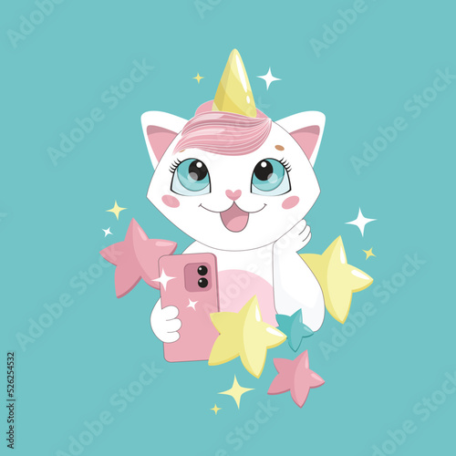 Print. Cute cat takes a selfie. Unicorn cat. Little white cat in the stars. Poster, invitation, postcard.