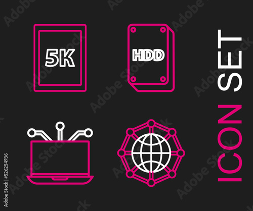 Set line Global technology or social network, Laptop, Hard disk drive HDD and Tablet with text 5k icon. Vector