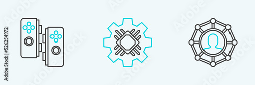 Set line Project team base, Gamepad and Processor icon. Vector